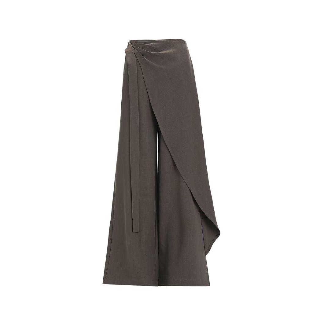 Women's Brown-Gray Wide-Leg Pants with Flowing Ribbons, 2026 New Style, Slimming, Good Drape, Casual Straight-Leg Suit Pants.