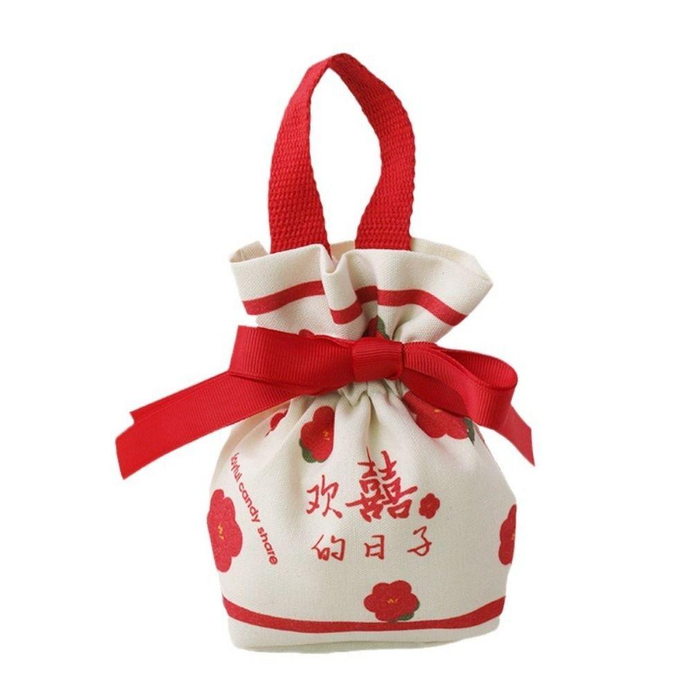 Portable Canvas Wedding Candy Bag Drawstring Spring Festival Chinese Style Handbag Bowknot Flower New Year Gifts Bag Party