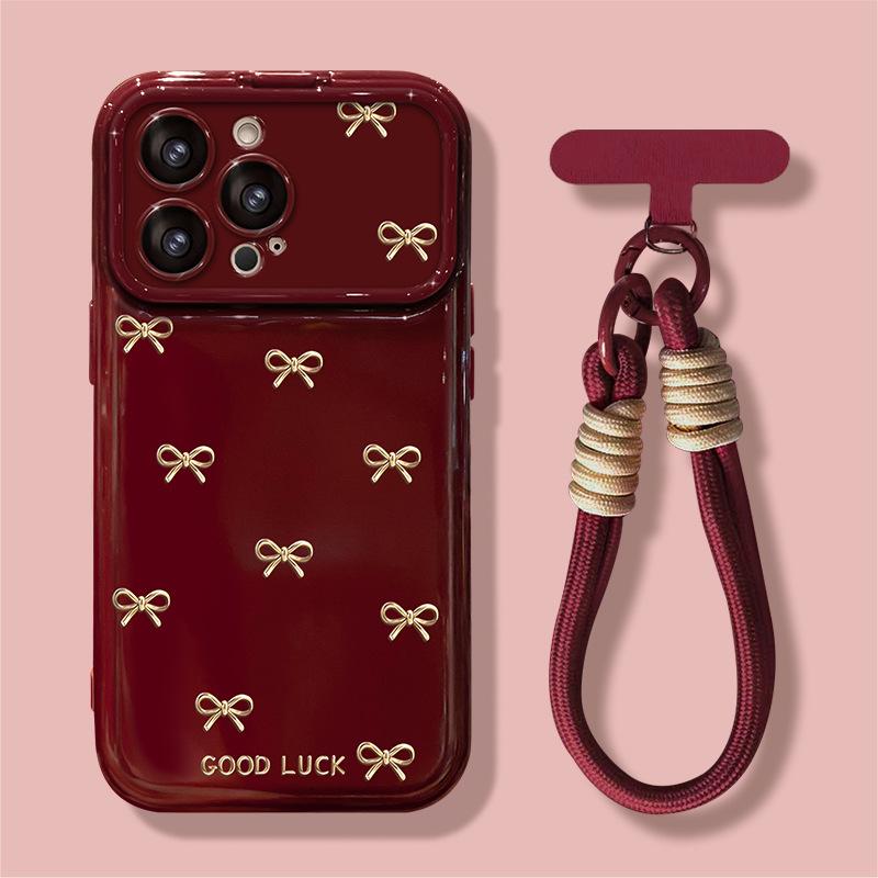 Burgundy Bow Love Lanyard for Apple 17 New Year Mobile Phone Case Iphone15promax Silicone 16 Women