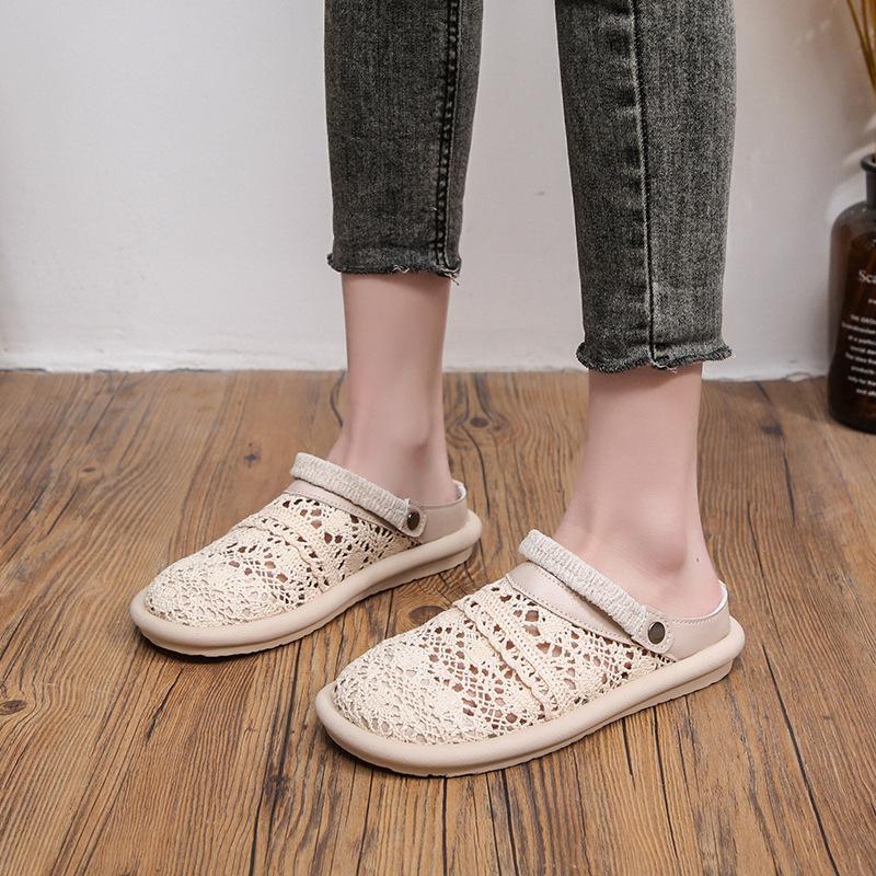 

Fashion Summer luxury woman clappers Closed Toe Breathable Women sandals Soft Sole Lightweight Flat Sandal Lace Outdoor Slides slingback 40 абрикосовый