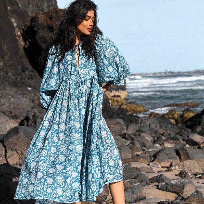 

Модное пляжное платье с цветочным принтом для женщин на лето, повседневное свободное женское платье с рукавами-фонариками, элегантное длинное платье 26493 XL орион