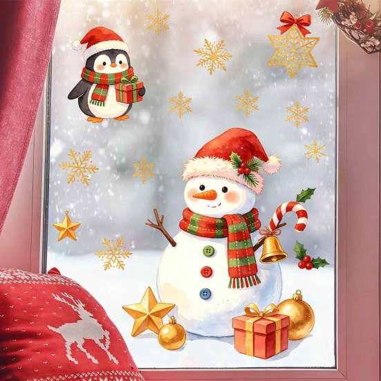 Winter Home Decor Christmas Window Clings, Cute Santa Claus Snowman Xmas Tree Stickers, Wall Stickers PVC Static Glass Decal for Living Room, Bedroom