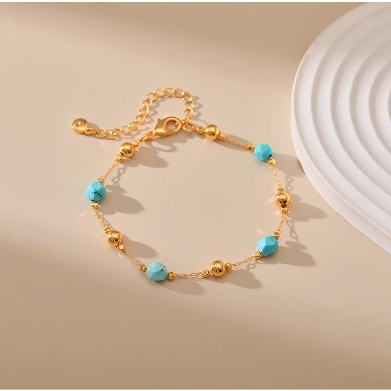 Gold Plated Faceted Turquoise Color Bead & Ball Bracelet With Extension Chain