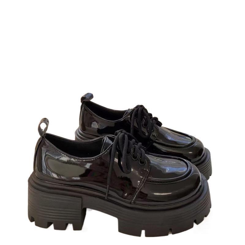 Жіноче взуття з товстою підошвою, невелике шкіряне взуття на шнурівці, чорне, універсальне, у ретро-британському стилі