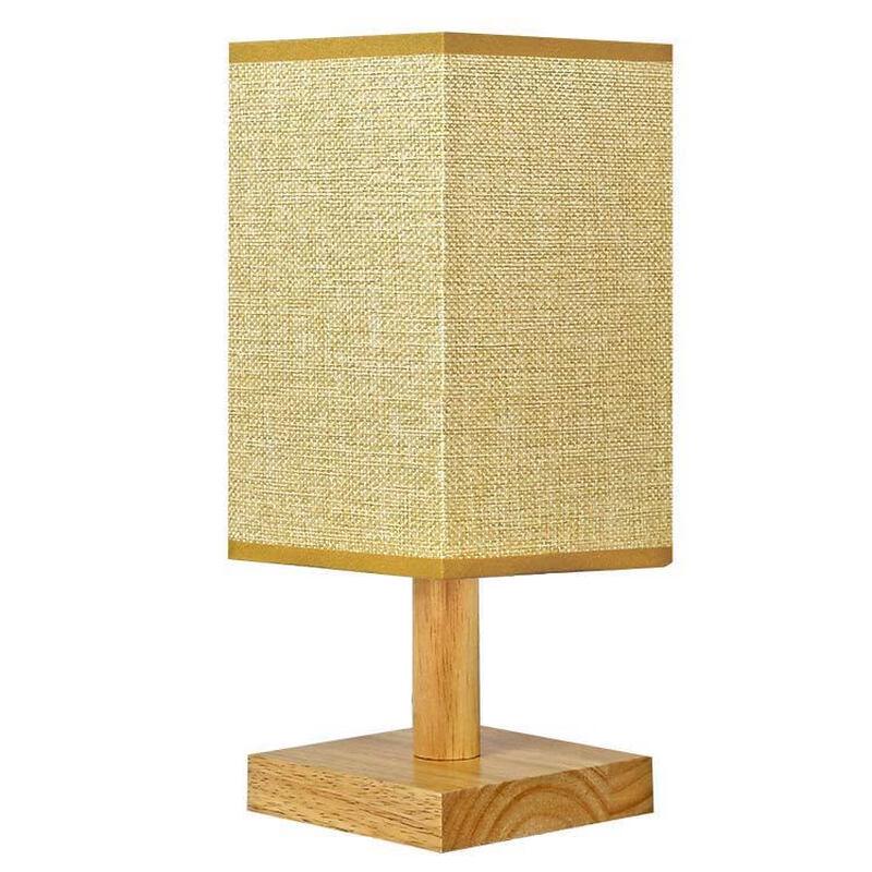 Square Wooden LED Bedside Lamp with Jute Shade