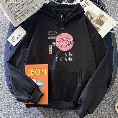 Japanese Blossom Sakura Graphic Hoodies Female Long Sleeve Hooded Pullovers Winter Cartoon Printing Sweatshirts