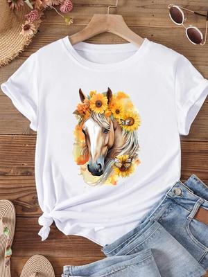 (Dimensione asiatica) T-shirt da donna T-shirt a maniche corte stile cavallo stile fiore carino T-shirt grafiche femminili casual con stampa di moda