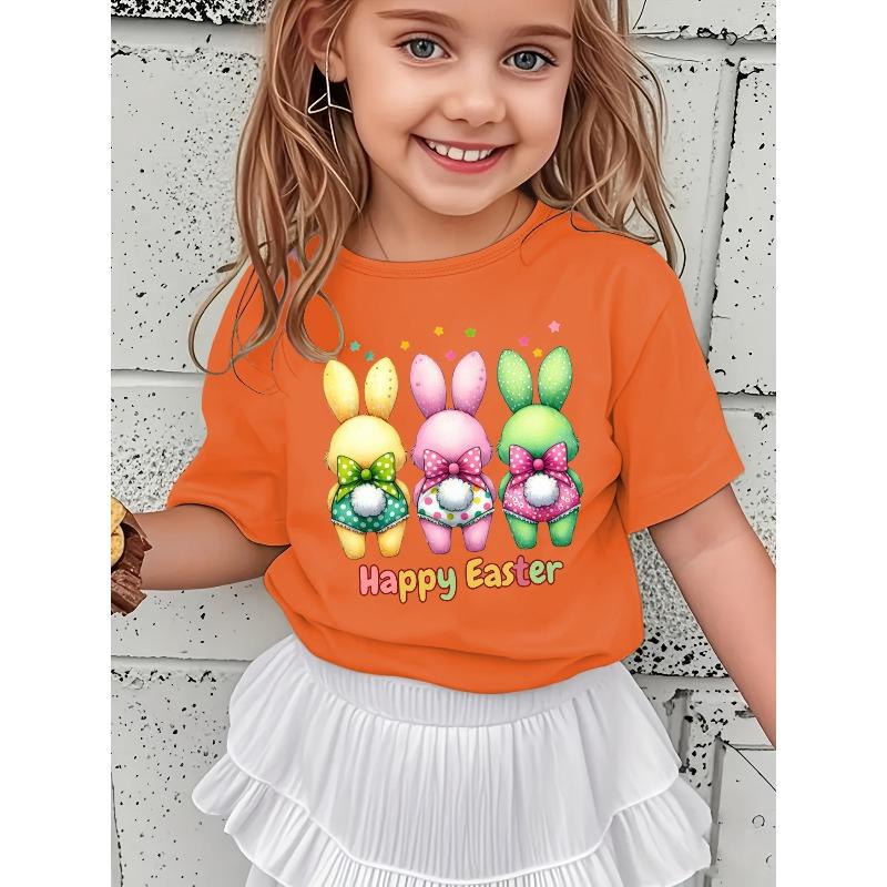 European sizes Girls' Easter Bunny & "Happy Easter" Print Short Sleeve Tee - Summer Casual Round Neck Top Suitable for Easter Egg Hunts,