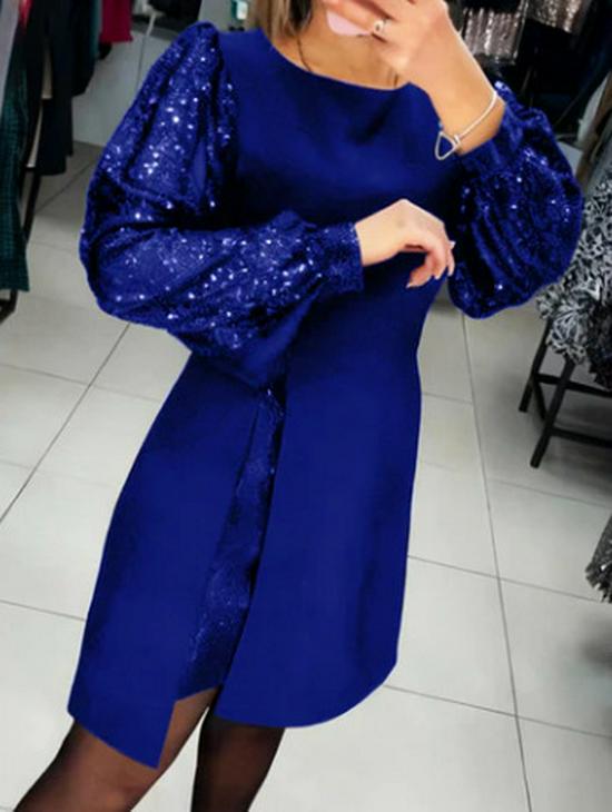 Elegant Sequin Patchwork Puff Sleeve Dress - 2025 Collection XXXL синий