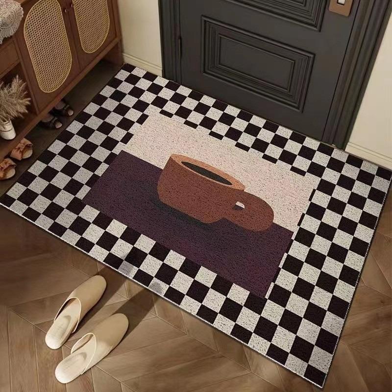 European Checkerboard Retro Border Welcome Mat Indoor and Outdoor Entrance Mat Kitchen and Bathroom Anti Slip Carpet Washable
