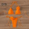 2Pcs/Set Women Bikini Set Lace-up Halter Padded Bra Swimming Trunks Set 3D Flower Decor Beach Style Swimwear