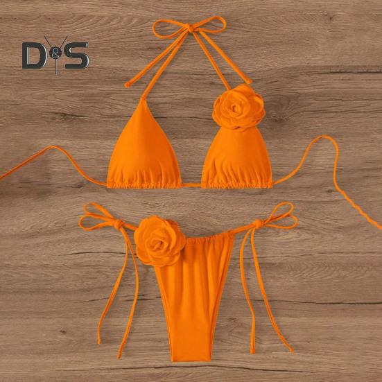 2Pcs/Set Women Bikini Set Lace-up Halter Padded Bra Swimming Trunks Set 3D Flower Decor Beach Style Swimwear