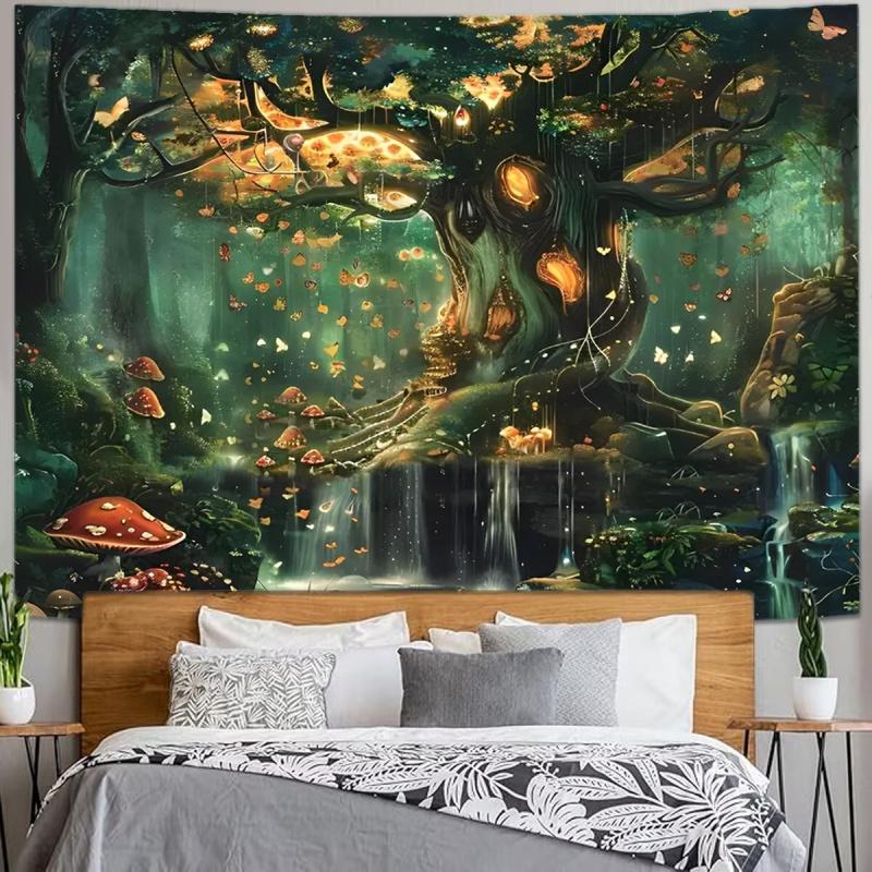 Deep Forest Camping Landscape Tapestry Forest Style Wall Illustration Indoor Outdoor Polyester Fiber Hanging Decor 100X70CM