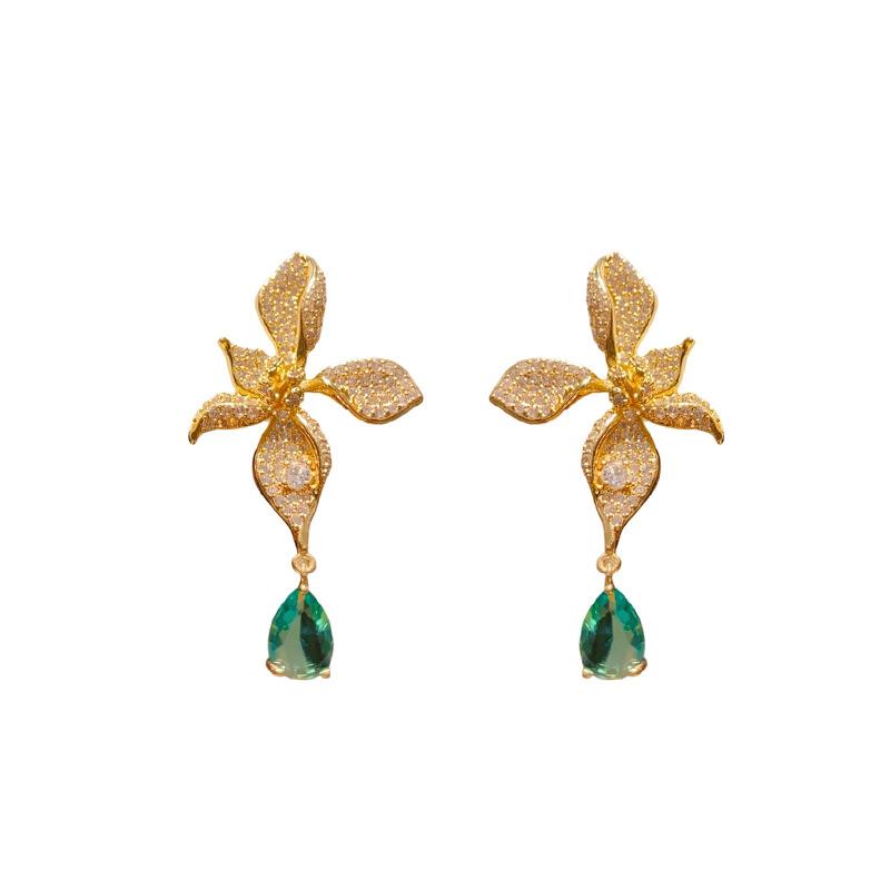 18k Real Gold Electroplated Silver Needle Light Luxury Zircon Flower Water Drop Earrings Retro Court Style Niche High-end Earrings
