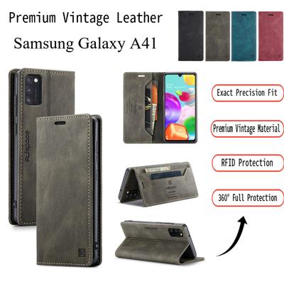 Premium Vintage Leather Wallet Case for Samsung Galaxy A41 - RFID Blocking Flip Cover with Card Slots, Shockproof Protective Phone Case (4 Colors)