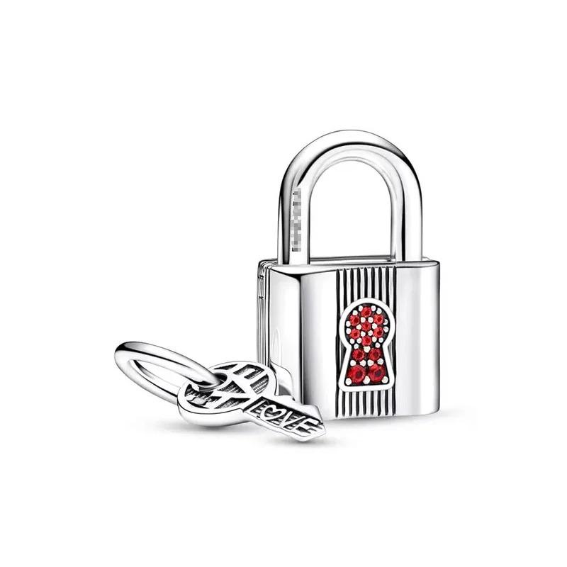 925 Silver Heart Lock Key Charm Pendant for Bracelet Jewelry DIY Gift Dangle Beads Keychain