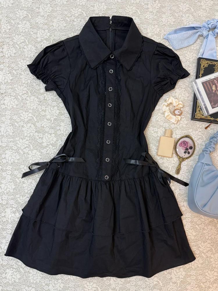 

Эстетическое готическое винтажное облегающее цельное платье в стиле преппи, элегантное кружевное синее платье-рубашка в стиле 90-х годов с японским милым бантом, короткие платья S