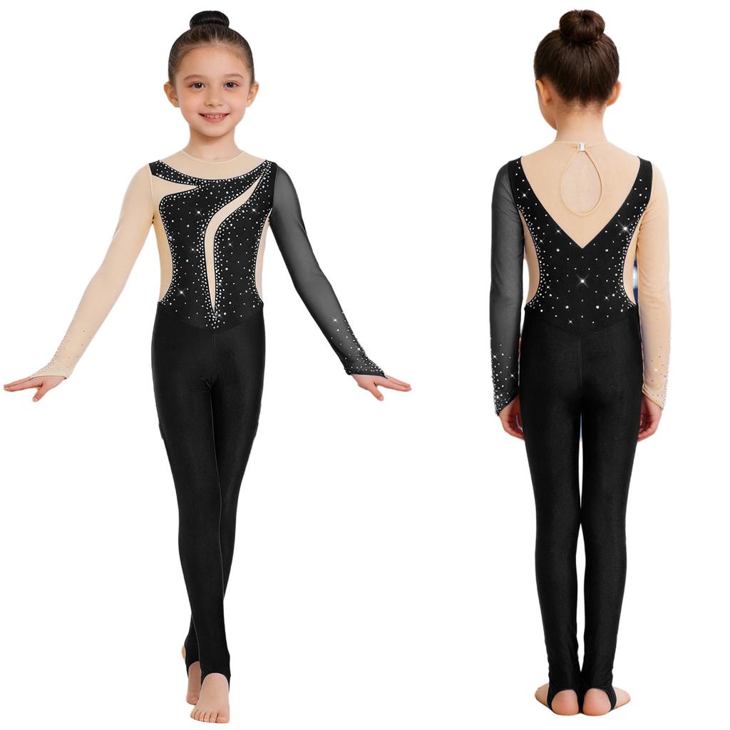 Tuta da Ginnastica per Bambine Maniche Lunghe Fori per le Dita Foro sulla Schiena Patchwork in Rete Strass Lucidi Color Block Body da Danza per Performance