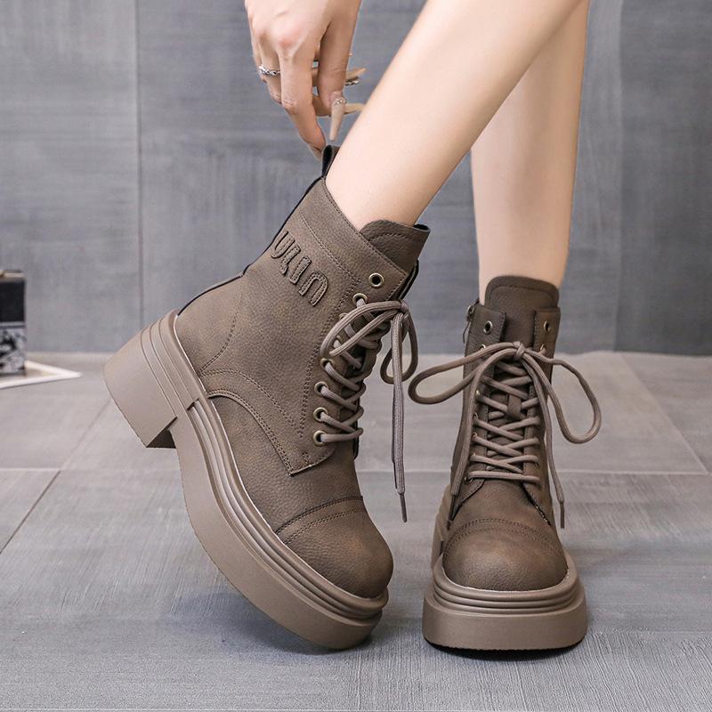 Inner Heightening Martin Boots Women's 2025 New Spring and Autumn British Style Thin Big Yellow Boots Lace-up Brown High-heeled Single Boots
