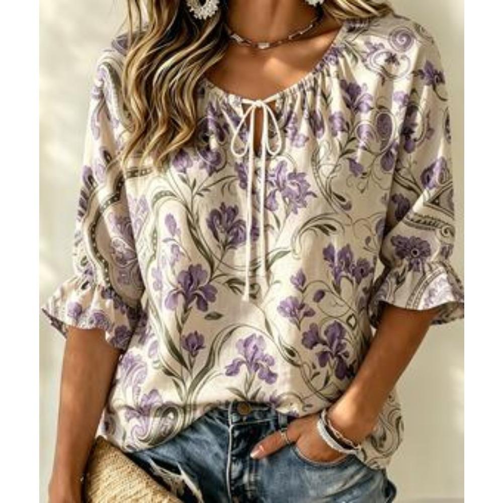 Women's Retro Deep Red Floral Tie Neck Top Ruffle 3/4 Sleeve Loose Fit Casual Weekend Vacation Shirt