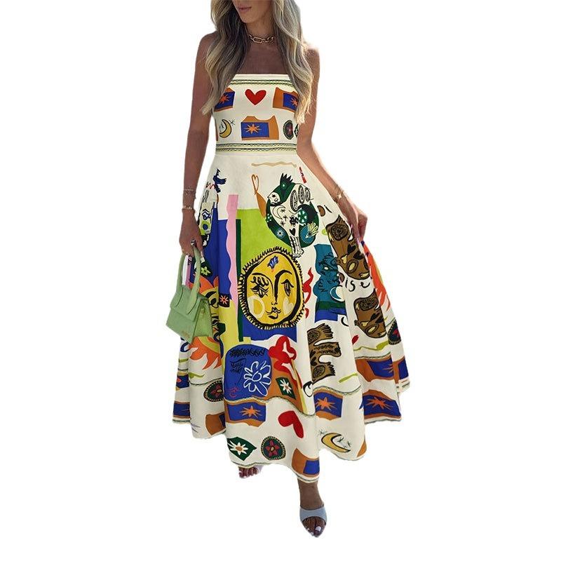 Cross-border foreign trade geometric graffiti printing dress contrasting color a word suspender skirt high sense summer long dress women's clothing