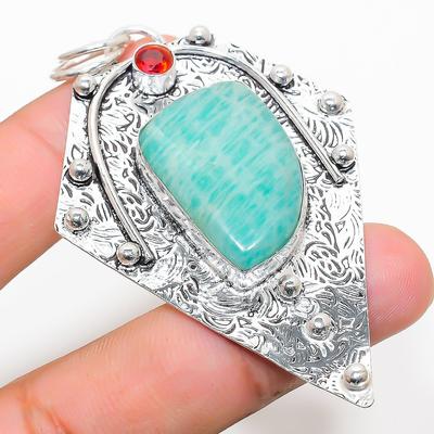 Natural Amazonite, Garnet Gemstone 925 Sterling Silver Pendant 2.96" y6C16