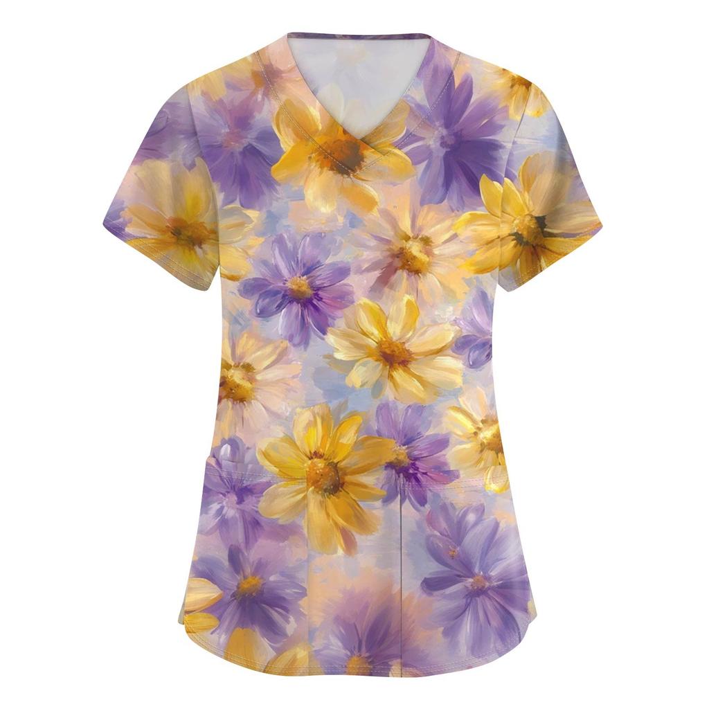 Women's Fashion Printed  Short Sleeve Care Workwear With Double Pockets Top