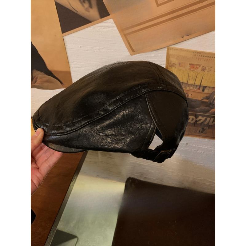 American Retro PU Leather Forward Hat Ancora Red Women's Autumn and Winter Face Showing Small Versatile Reverse Wear Painter Hat