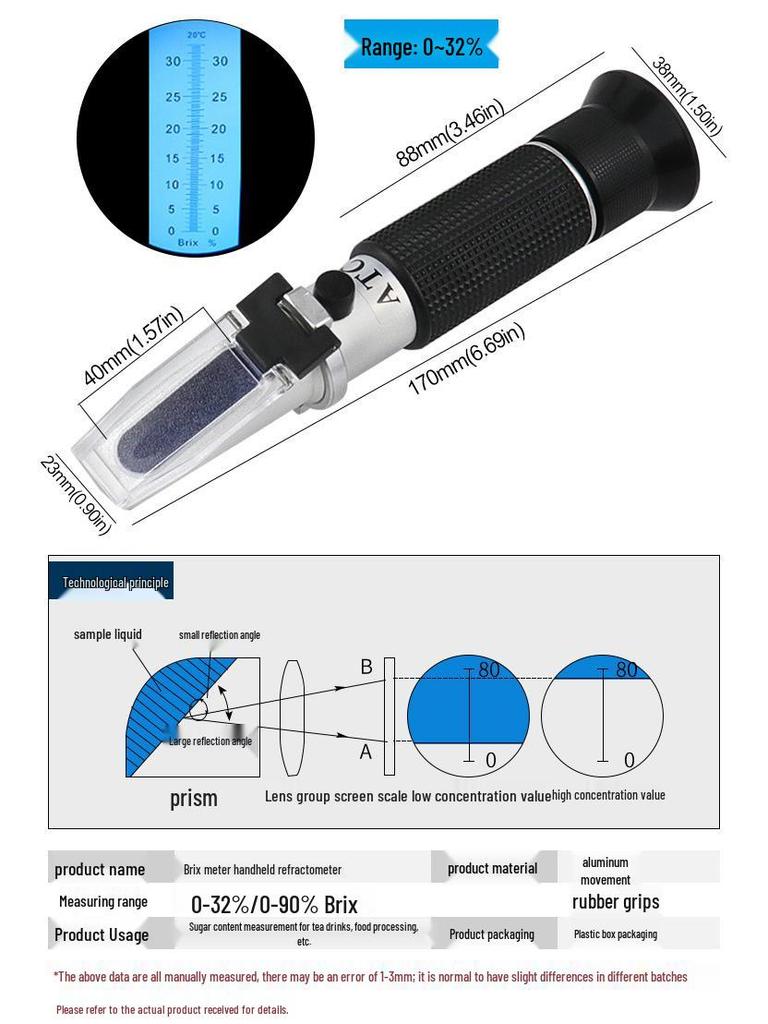 Portable 0-32/90 Brix Optical Refractometer for Food & Beverage Sugar Detection
