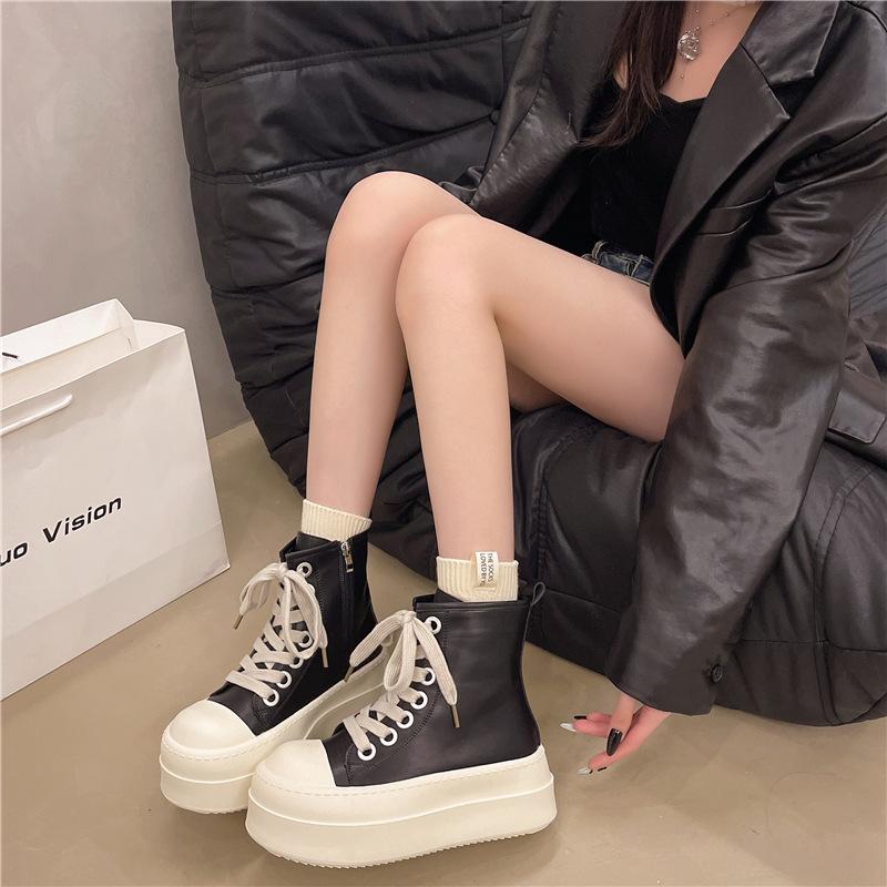 Muffin Shoes Small Trendy Round Head Black and White High Top Heightening Thick Sole Fashion Women's Board Shoes Casual Velvet Big Head