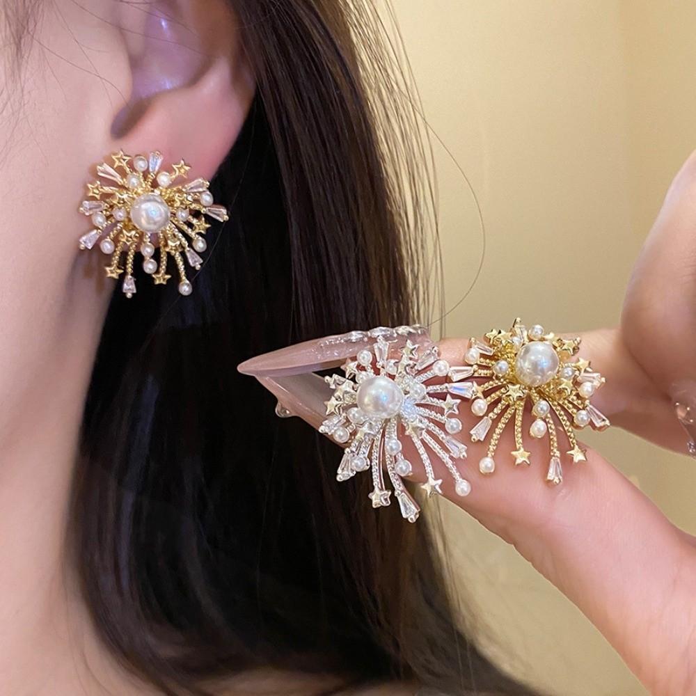 Elegant Sparkling Firework Earrings Pearl Like Dangling Korean Fashion Firework Starburst Ear Studs Zircon