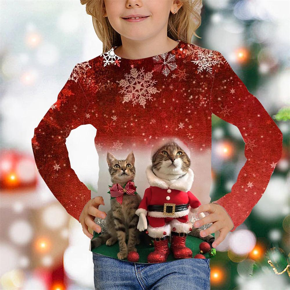 

Весенне-осенние футболки с круглым вырезом, 3D-принтом кошки и рождественским принтом для модных повседневных образов девочек 160