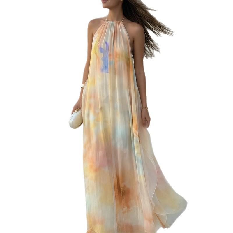 Women's Spring New, European and American Dresses, Fashion Temperament Printed Backless Dresses
