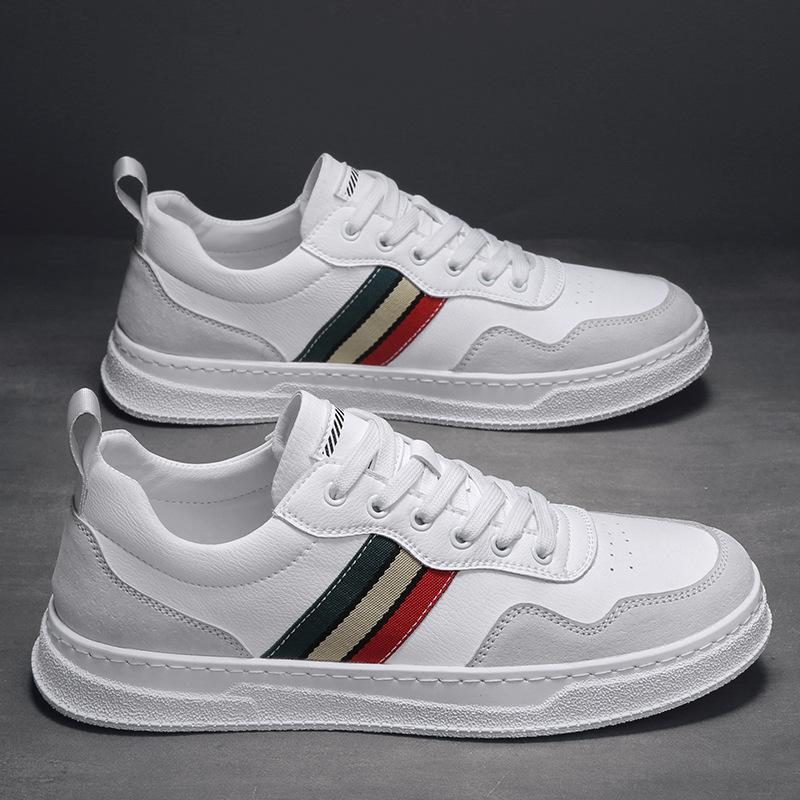 2024 New Men Leather Casual Shoes Autumn High End Fashion Striped Flat Skate Shoes Youth Cool Lace-up Sneakers