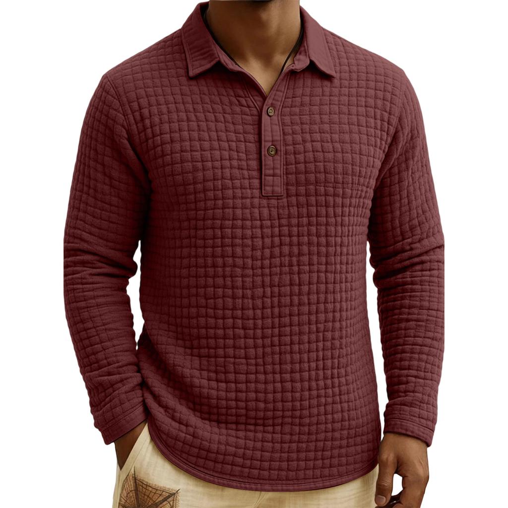 Men's Quilted Knit Color Pullover Button,down Top