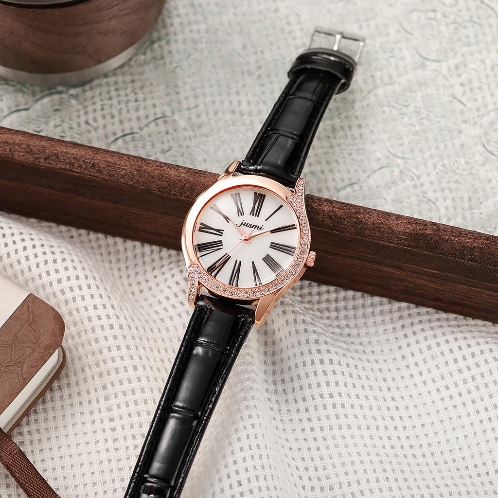 Ladies' fashionable and high-value Roman numeral scale circular dial exquisite leather strap quartz watch.