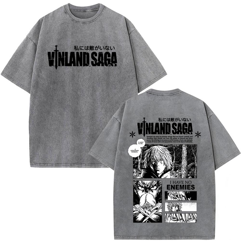 Anime Vinland Saga Thorfinn I Have No Enemies Vintage Washed T Shirt Mens Women Manga Casual Oversized Tshirts Male Streetwear