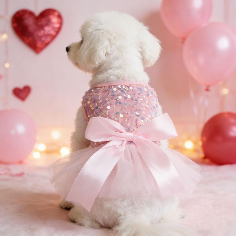 Elegant Pet Wedding Outfit Pink Shiny Sequin Mesh Skirt Soft Bridal Dress Cute Holiday Costume for Small Puppies Kittens Daily Wear