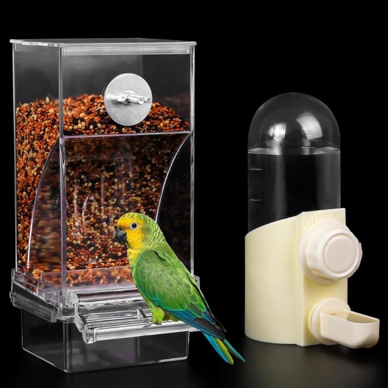 2PCS Bird Feeder and Waterer Set Treat Container AntiWaste Tray Durable ABS Cage Accessories for Small Medium Birds