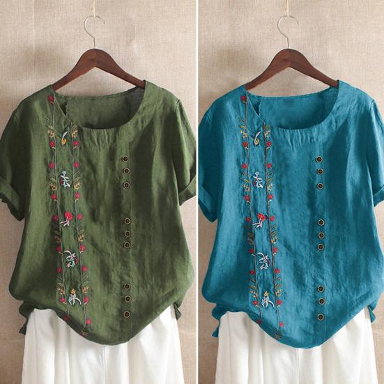 O-Neck Short Sleeve Loose Fit Women Shirt Embroidery Flower Print Buttons Decor Shirt Top Streetwear