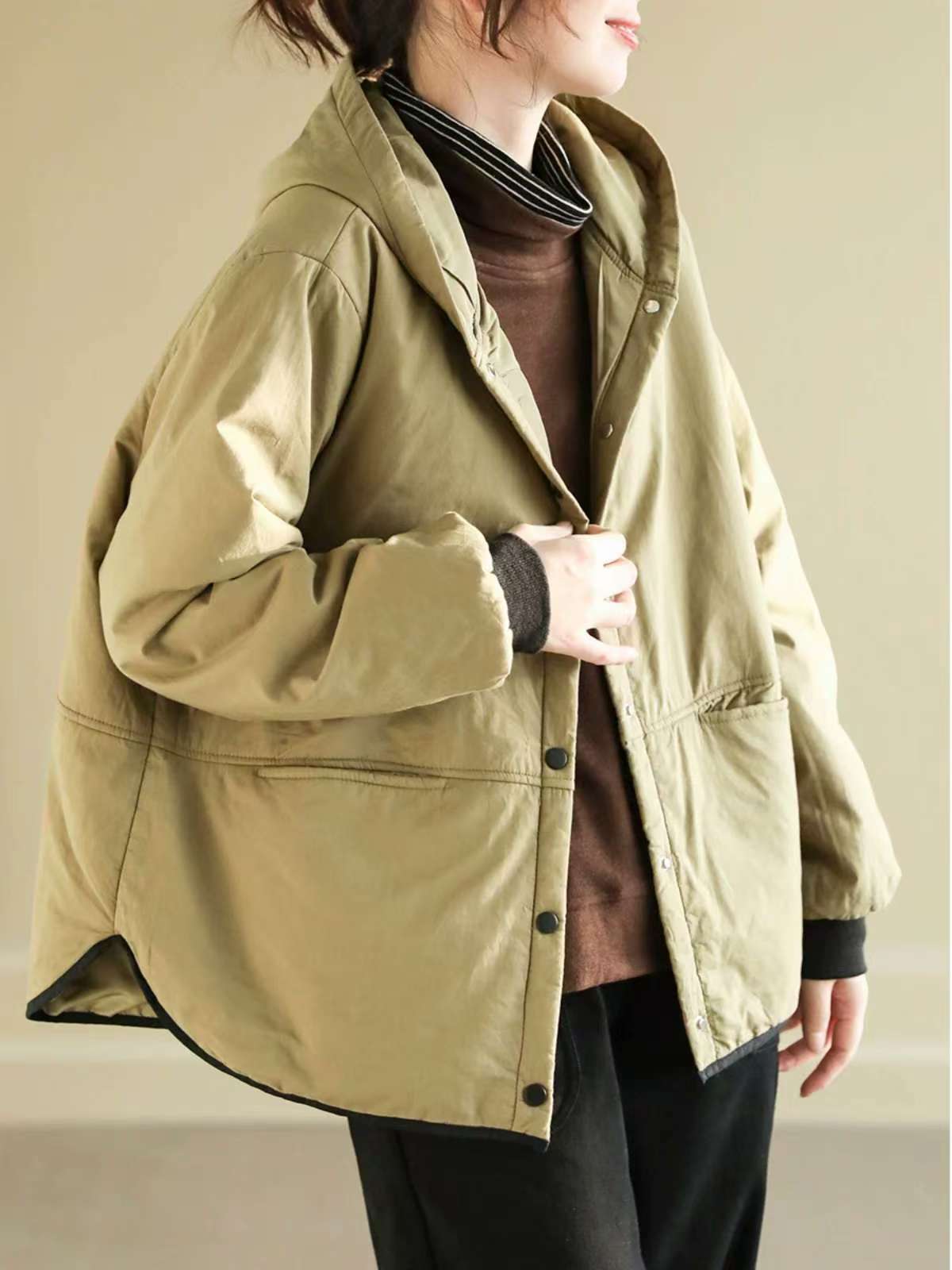 

Johnature Niche однотонное свободное повседневное пальто с капюшоном, женское зимнее модное однобортное пальто с длинными рукавами One Size хаки