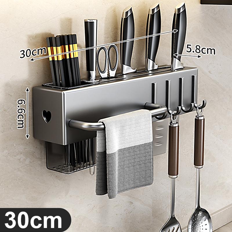 

Grey 30/40cm Household Organizer Rack Wall Mounted Knife Holder Kitchen Storage Shelving Units Tableware Shelf With Towel Hanger