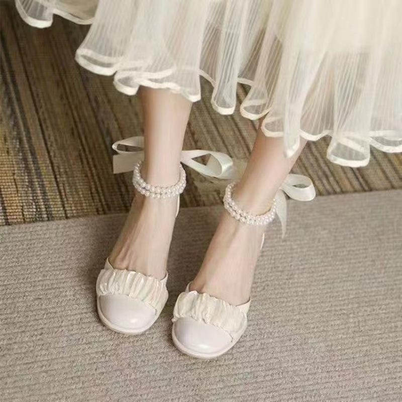 Fashion Mary Jane Heels French Temperament Fairy Pearl Gentle Single Shoes Vintage Sandals