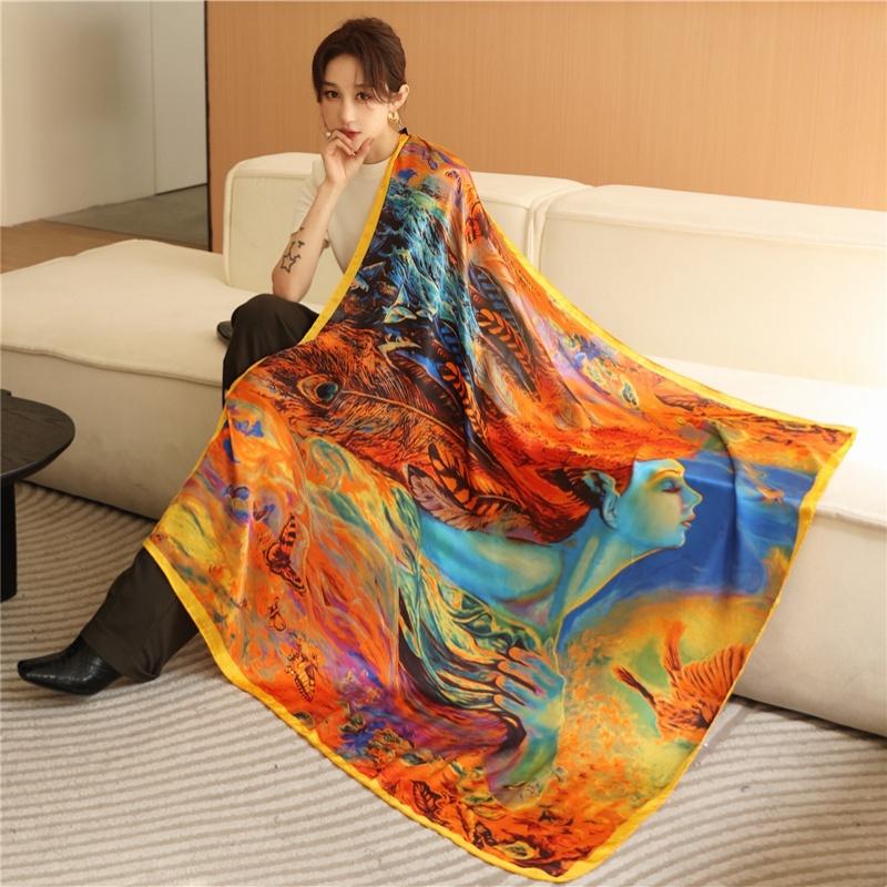 Luxury Horse Print Square Scarf Vintage Imitation Silk Shawl Scarf Women Windproof Outdoor Head Wrap 110*110Cm