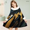 Girls Long Sleeve Printed Dress White Furry Collar And Cuffs Black Blue A Line Flared Hem