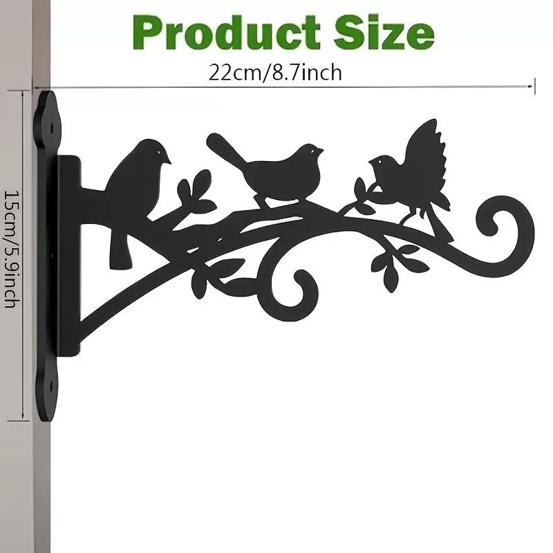 Bird Pattern Flower Basket Holder Wall Mounted Metal Bracket Hanger Rustic Style Wide Base for Outdoor Indoor Garden Yard Street