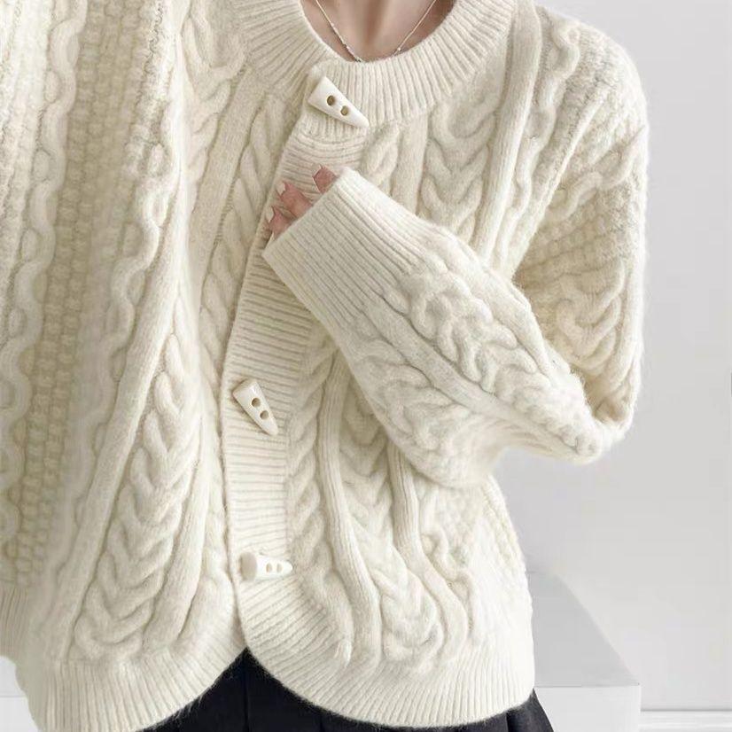 Horn Button Cable Knit Cardigan Autumn Winter Coat Short Lazy Round Neck Loose Sweater Top