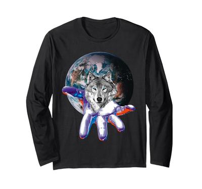 Camiseta de manga comprida com motifo de lobo Pack de Lobos Predadores design lua cheia