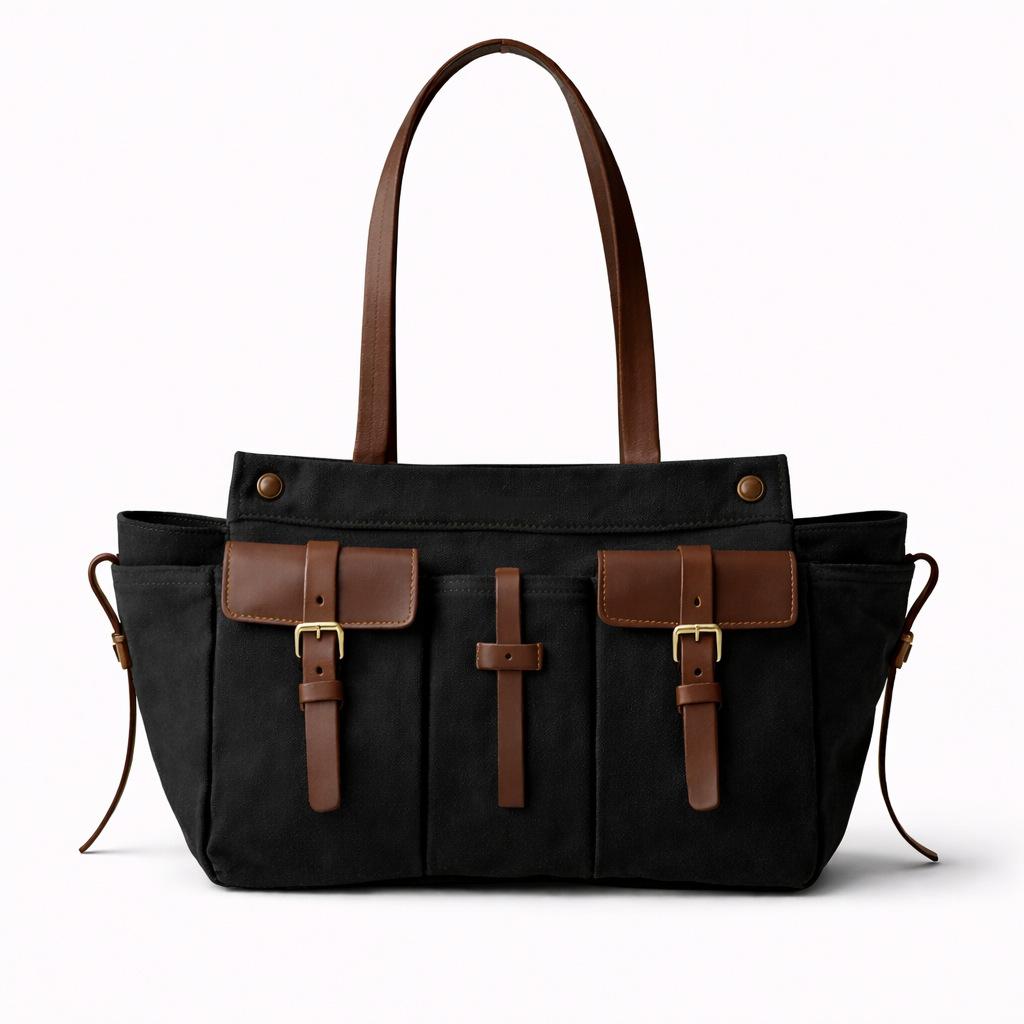Borsa a Tote da Donna Retro di Grande Capacità con Tasche Multiple, Patchwork in Tela e Decorazioni con Cintura in Pelle per Uso a Spalla Singola