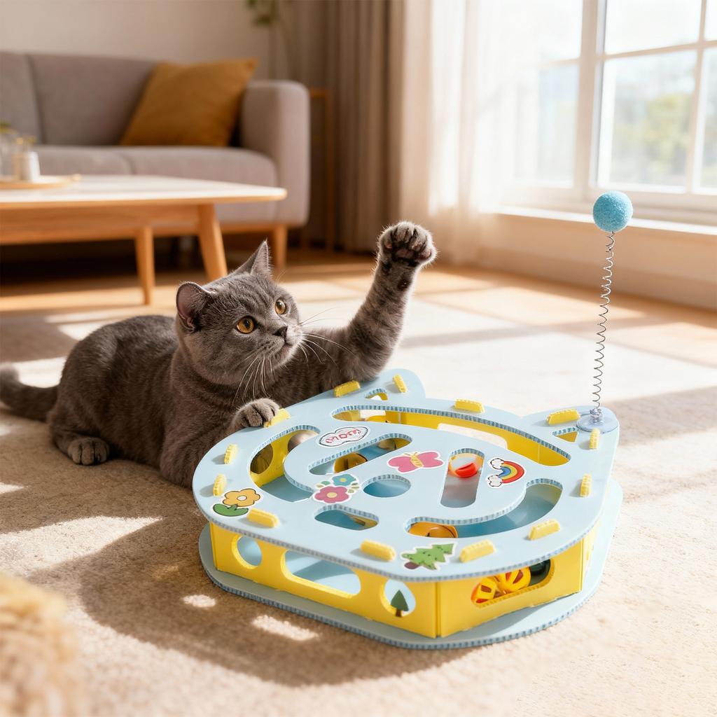 Interaktives Katzenpuzzle Schaufelspielzeug - Labyrinthspielzeug mit Glöckchenbällen & Federstab für Katzen-Selbstbeschäftigung, Langeweilevertreibung & Naturfreisetzung